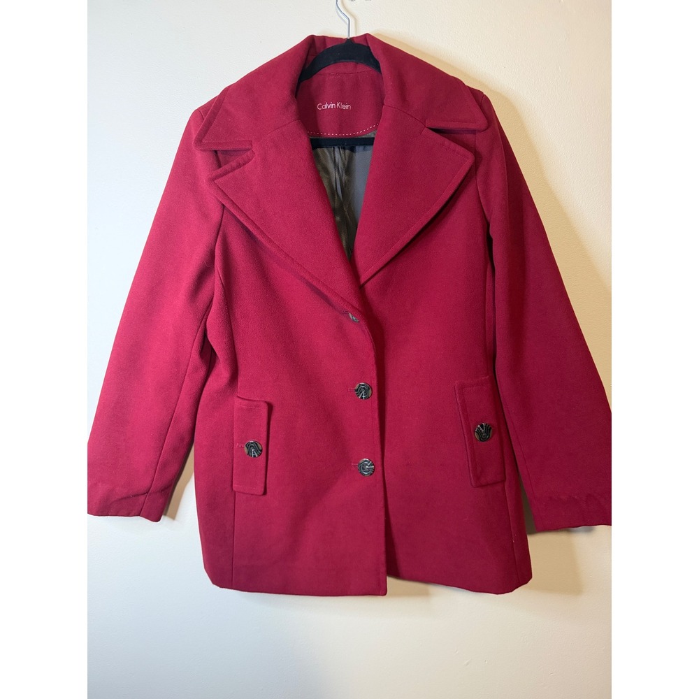 Calvin Klein Womens Red Pea Coat Double Breasted Lapel Mid Length Old Money